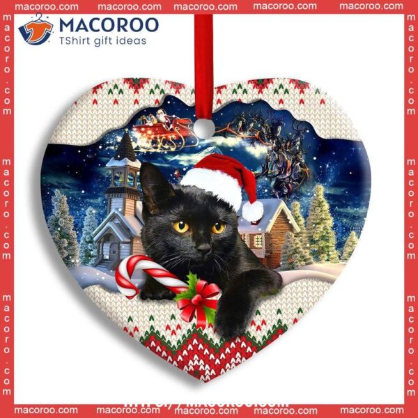 Christmas Black Cat Funny Xmas Light Santa Claus Decor Tree Hanging Heart Ceramic Ornament, Cat Ornaments For Christmas Tree