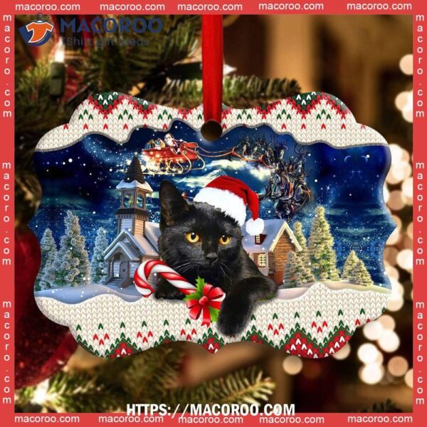 Christmas Black Cat Funny Xmas Light Santa Claus Decor Tree Hanging Metal Ornament, Bengals Christmas Ornaments