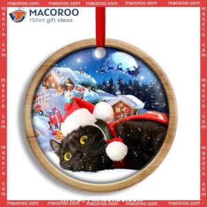 Christmas Black Cat Happy Xmas Light Decor Tree Hanging Circle Ceramic Ornament, Kitty Ornaments
