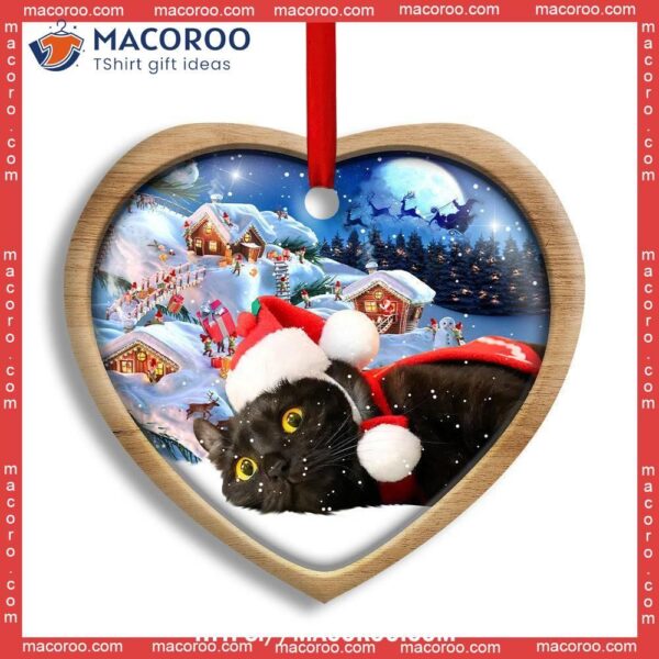 Christmas Black Cat Happy Xmas Light Decor Tree Hanging Heart Ceramic Ornament, Cat Christmas Ornaments Personalized
