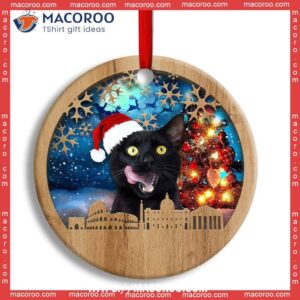 Christmas Black Cat Happy Xmas Light Santa Claus Decor Tree Hanging Circle Ceramic Ornament, Personalized Cat Ornaments