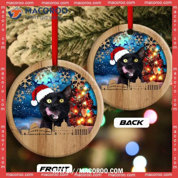 Christmas Black Cat Happy Xmas Light Santa Claus Decor Tree Hanging Circle Ceramic Ornament, Personalized Cat Ornaments