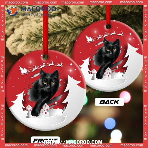 Christmas Black Cat Love Xmas Paper Cut Decor Tree Hanging Circle Ceramic Ornament, Bengals Christmas Ornaments