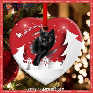 Christmas Black Cat Love Xmas Paper Cut Decor Tree Hanging Heart Ceramic Ornament, Personalized Cat Ornaments