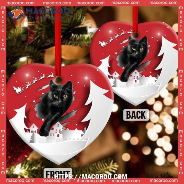 Christmas Black Cat Love Xmas Paper Cut Decor Tree Hanging Heart Ceramic Ornament, Personalized Cat Ornaments