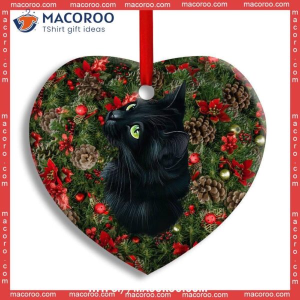 Christmas Black Cat Meowy Catmas Heart Ceramic Ornament, Cat Christmas Tree Ornaments