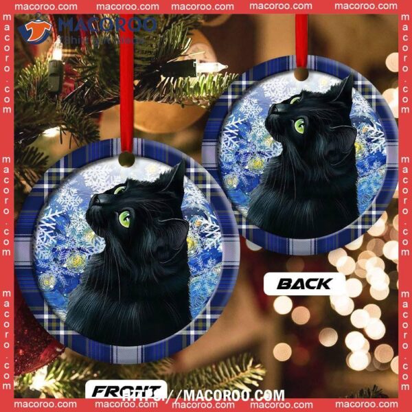 Christmas Black Cat Stary Snowy Night Circle Ceramic Ornament, Cat Lawn Ornaments