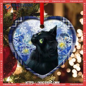 Christmas Black Cat Stary Snowy Night Heart Ceramic Ornament, Personalized Cat Ornaments