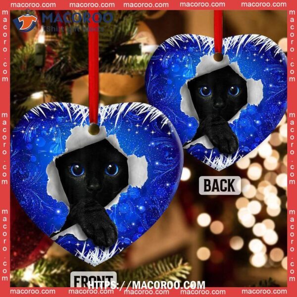 Christmas Black Cat Xmas Decor Tree Hanging Heart Ceramic Ornament, Cat Lawn Ornaments