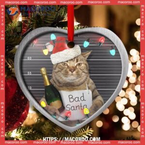 Christmas Cat Bad Santa Champagne And Hat Heart Ceramic Ornament, Cat Christmas Tree Ornaments