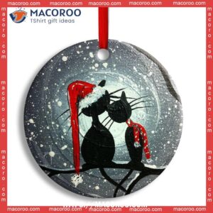 christmas cat couple lover with moon circle ceramic ornament kitty ornaments 0