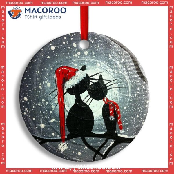 Christmas Cat Couple Lover With Moon Circle Ceramic Ornament, Kitty Ornaments