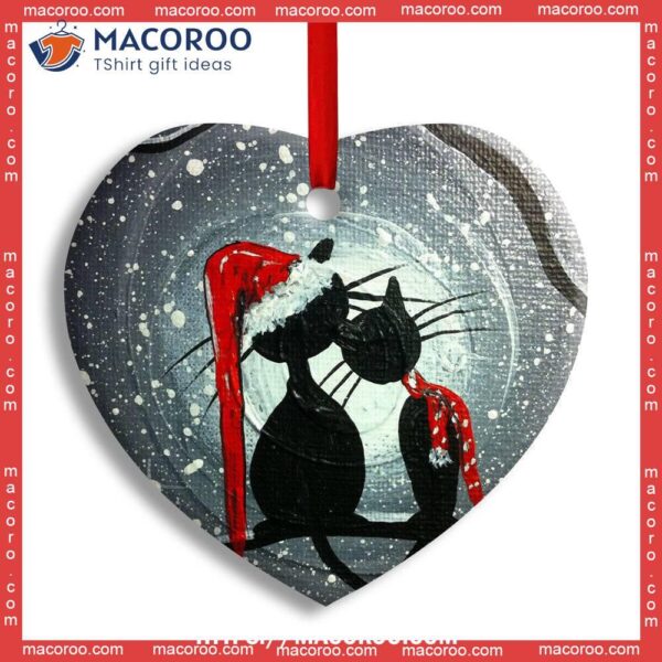 Christmas Cat Couple Lover With Moon Heart Ceramic Ornament, Personalized Cat Ornaments