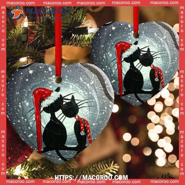 Christmas Cat Couple Lover With Moon Heart Ceramic Ornament, Personalized Cat Ornaments