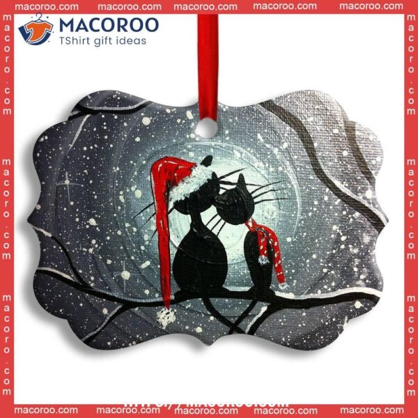 Christmas Cat Couple Lover With Moon Metal Ornament, Kitty Ornaments