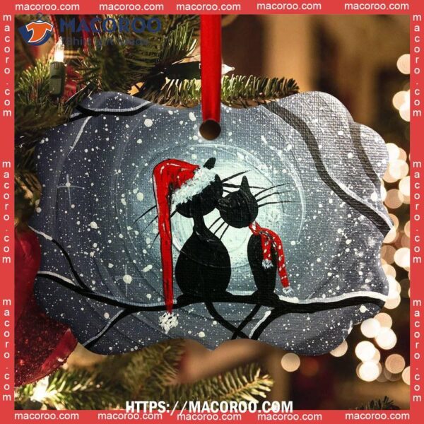 Christmas Cat Couple Lover With Moon Metal Ornament, Kitty Ornaments