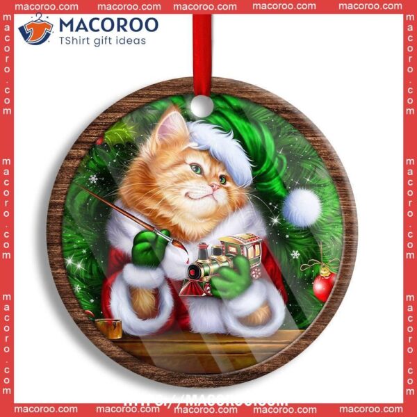Christmas Cat Cute Kitten Meowy Xmas Circle Ceramic Ornament, Hallmark Cat Ornaments