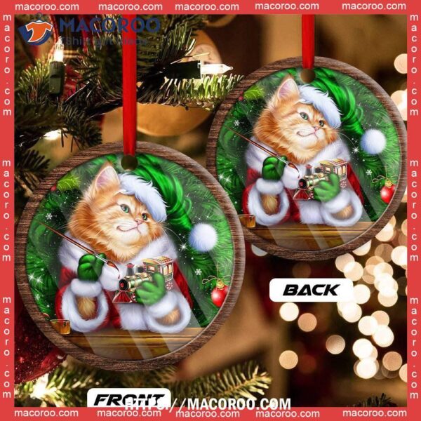 Christmas Cat Cute Kitten Meowy Xmas Circle Ceramic Ornament, Hallmark Cat Ornaments
