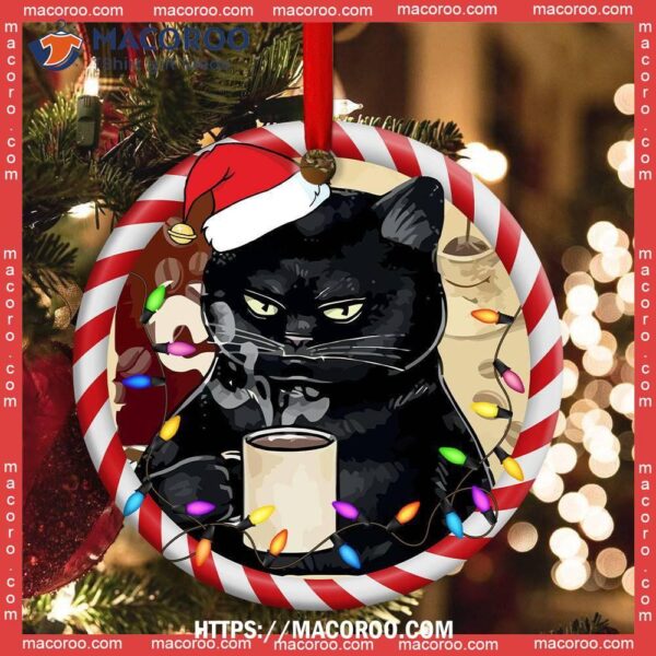 Christmas Cat Drink Coffee I Hate People Circle Ceramic Ornament, Cat Tree Ornaments