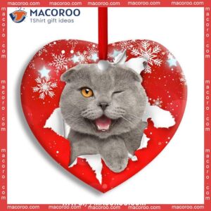 Christmas Cat Funny Kitten Red Background Winter Snowy Heart Ceramic Ornament, Kitty Ornaments