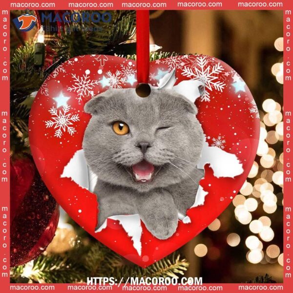 Christmas Cat Funny Kitten Red Background Winter Snowy Heart Ceramic Ornament, Kitty Ornaments