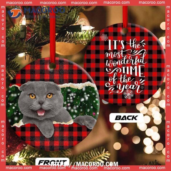 Christmas Cat Happy Meowy Xmas Circle Ceramic Ornament, Cat Christmas Ornaments Personalized