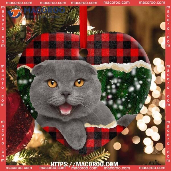 Christmas Cat Happy Meowy Xmas Heart Ceramic Ornament, Kitten Ornaments