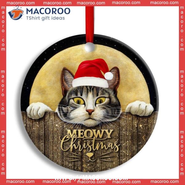 Christmas Cat With Moon Lover Cutie Circle Ceramic Ornament, Personalized Cat Ornaments