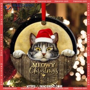 Christmas Cat With Moon Lover Cutie Circle Ceramic Ornament, Personalized Cat Ornaments