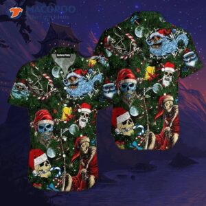 christmas ho ho ho santa skull pattern green hawaiian shirts 1