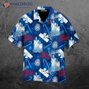 christmas joyful snowy day merry moments pattern blue hawaiian shirts 0