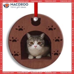 Christmas Kitty Cat Wooden House Shelter Circle Ceramic Ornament, Cat Ornaments For Christmas Tree