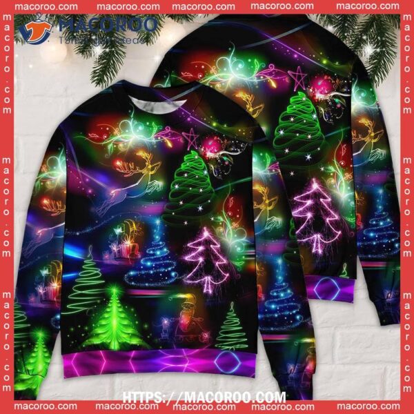 Christmas Neon Art Tree And Snowman Family Ugly Christmas Sweaters