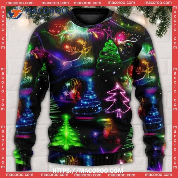 Christmas Neon Art Tree And Snowman Family Ugly Christmas Sweaters