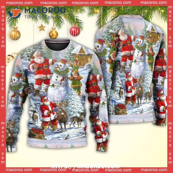 Christmas Santa Claus Snowman Elf So Happy Art, Christmas Sweatshirt Womens