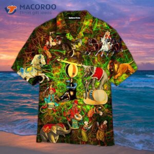Circus Animals Are Magically Brought To Life In Green And Brown Hawaiian Shirts.