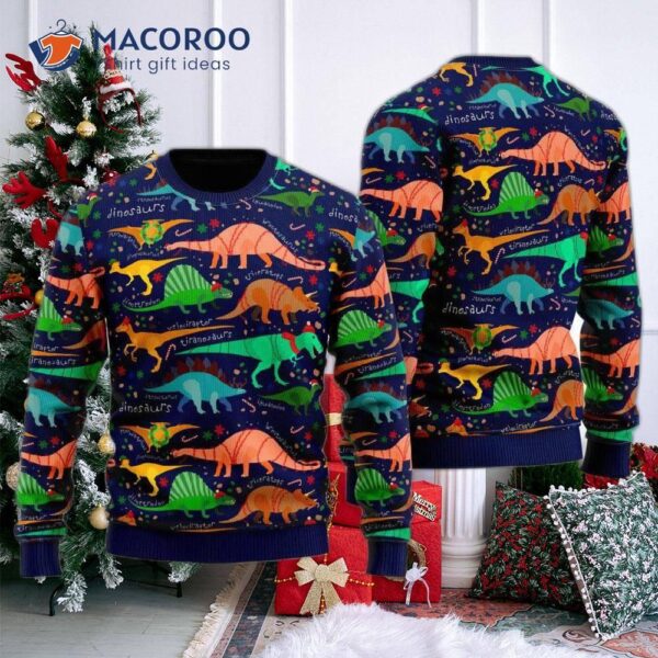 Colorful Dinosaur-patterned Ugly Christmas Sweater