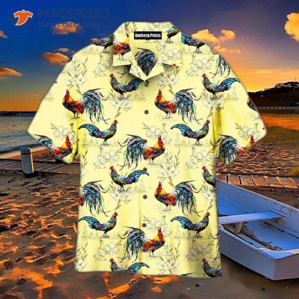 Colorful Farm Chicken Roosters, Silhouettes Of Love, Flowers, And Hawaiian Shirts.