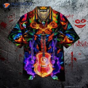 colorful neon flame hawaiian guitar shirts 1