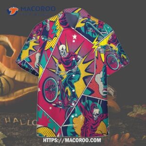 Comic Style Skull Riding Colourful Hawaiian Shirts, Halloween Presents