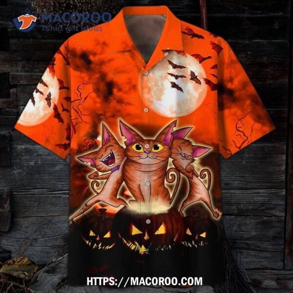 Crazy Cat And Pumpkin Bat Pattern Orange Halloween Hawaiian Shirts, Halloween Gift Ideas For Adults