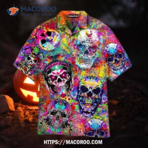 Crazy Colorful Skull Art Hawaiian Shirts, Spooky Gifts