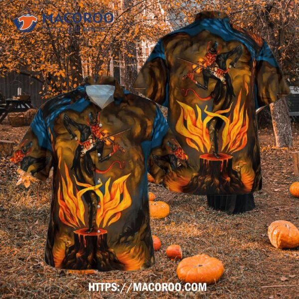 Crazy Halloween Night Demon Guitarist Hell Flame Spooky Hawaiian Shirts, Halloween Teacher Gifts