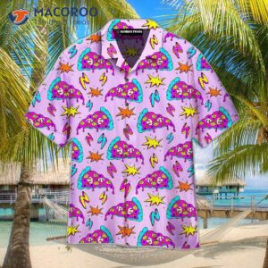 crazy pizza slices with lightning strikes on violet patterned hawaiian shirts 0