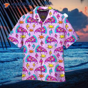 Crazy Pizza Slices With Lightning Strikes On Violet Patterned Hawaiian Shirts