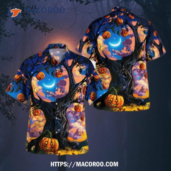 Crescent Moon Night Haunted Tree Halloween Colorful Hawaiian Shirts, Halloween Gifts For Adults