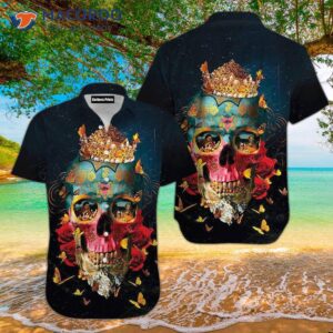 Crown, Skull, And Fire Girl Blue Hawaiian Shirts