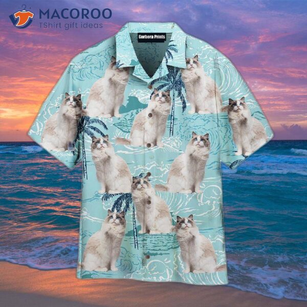 Cute Blue Bicolor Ragdoll On A Big Wave Tropical Pattern Hawaiian Shirt