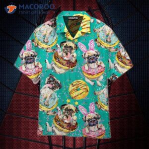 Cute Pug Dog Donut Pattern Green Hawaiian Shirts