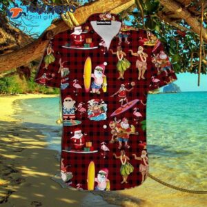 Cute Santa Claus Surfing In Red Hawaiian Shirts With A Merry Christmas July Pattern.